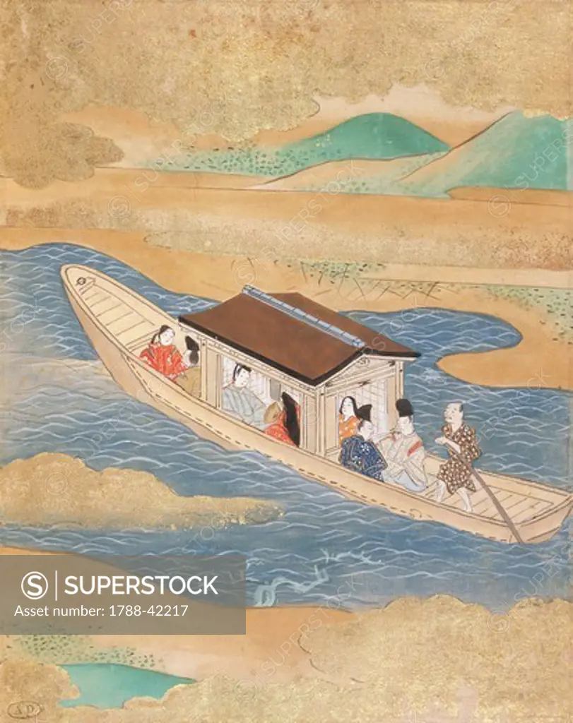 Lovers' boat trip, painter from the Tosa school, from a traditional literature novel, Japan. Japanese Civilisation, 19th century.