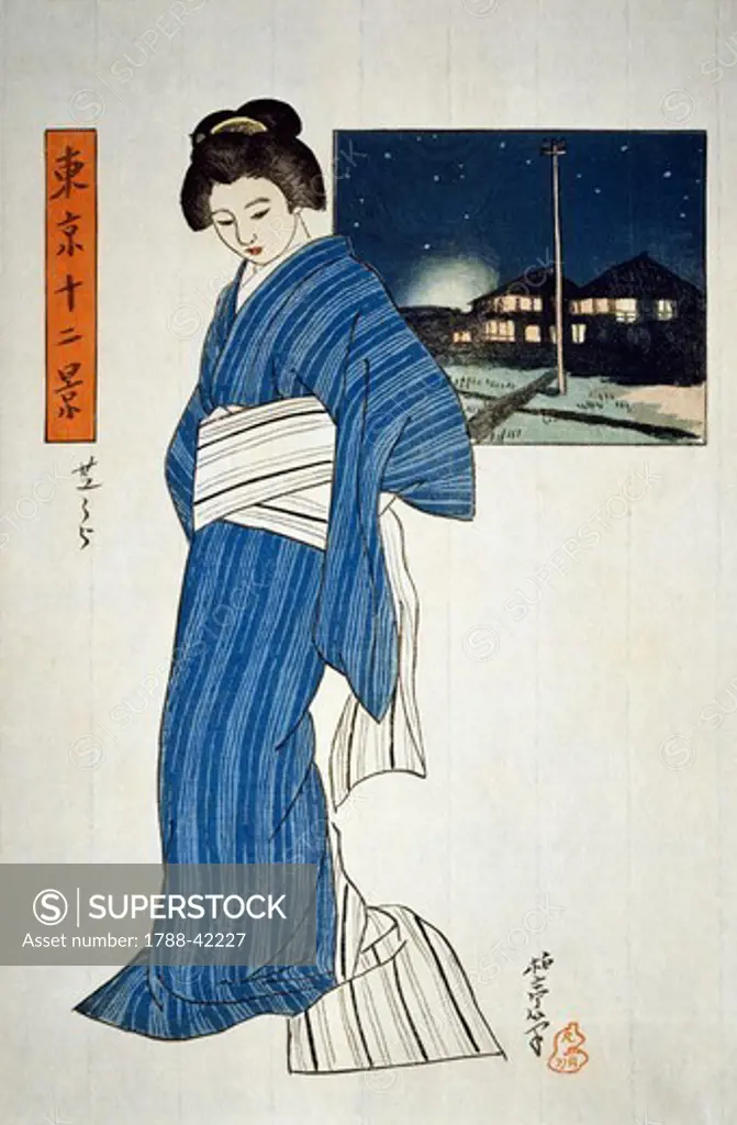 Young woman and view with tea house in Shibaura, 1914-1917, by Ishii Hakutei (1882-1958). Oban tate-e shaped woodcut, from the Twenty views of Tokyo series. Japanese civilization, Meiji-Showa period.