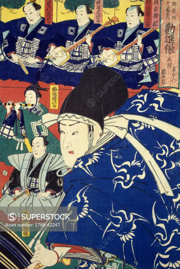 Detail of an ukiyo-e depicting the Kabuki Theatre with actors, narrators and shamisen players, 19th century, woodcut from the Kabuki Theatre series. Japanese civilization, Edo period (1603-1868).