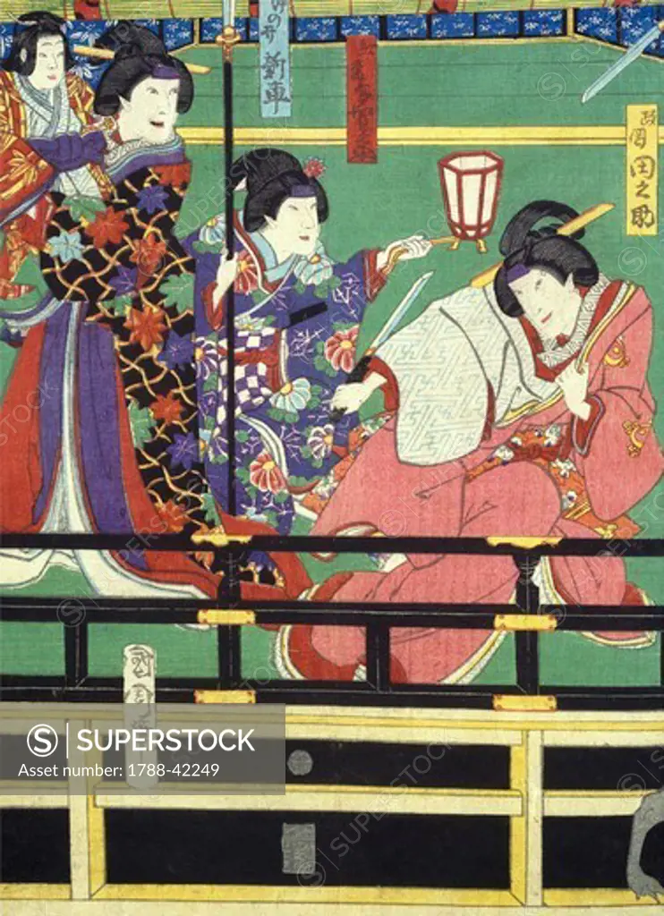 Detail of an ukiyo-e depicting the Kabuki Theatre, 19th century, woodcut from the Kabuki Theatre series. Japanese civilization, Edo period (1603-1868).