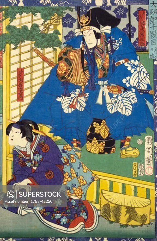 Detail of an ukiyo-e depicting the Kabuki Theatre, with a couple in cermonial dress, 19th century, woodcut from the Kabuki Theatre series. Japanese civilization, Edo period (1603-1868).