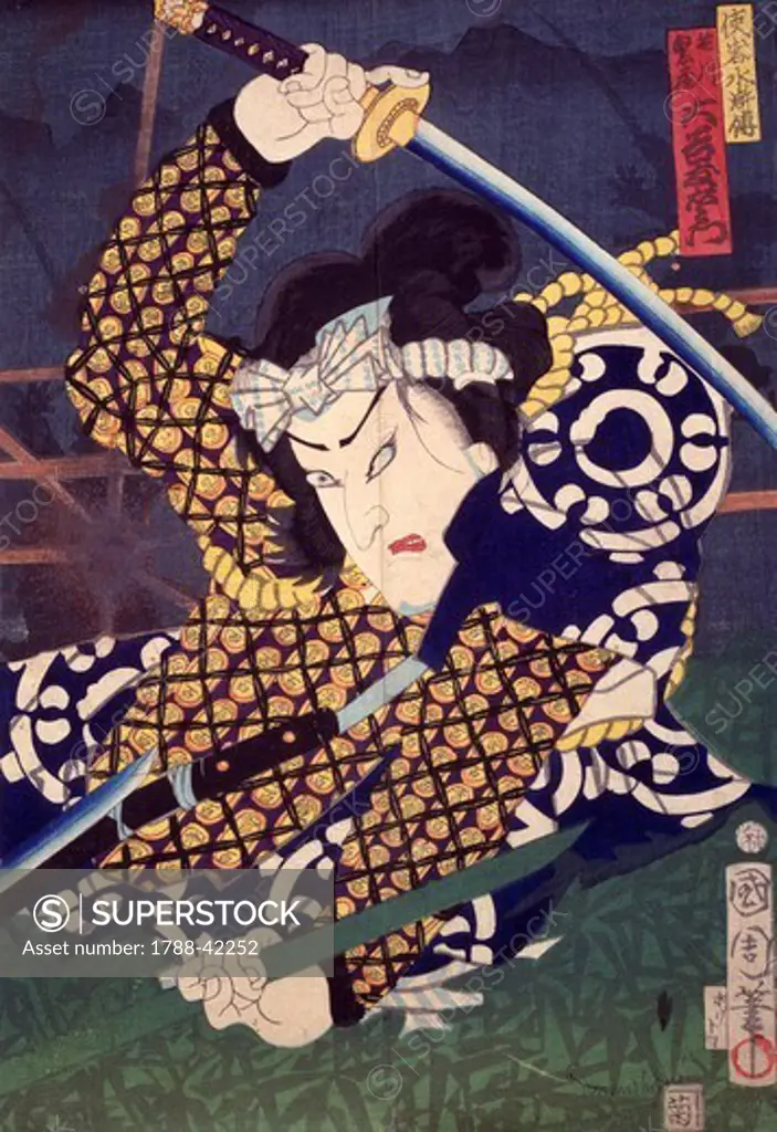 Ukiyo-e with portrait of an actor dressed as a warrior, 19th century, woodcut from the Kabuki Theatre series. Japanese civilization, Edo period (1603-1868).