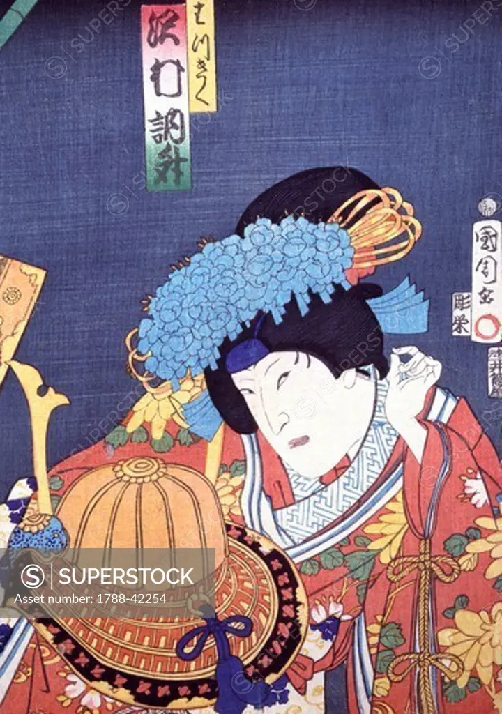 Ukiyo-e with portrait of an actor wearing a hat, 19th century, woodcut from the Kabuki Theatre series. Japanese civilization, Edo period (1603-1868).