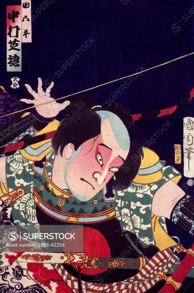 Ukiyo-e with an actor in the role of Soma-no-Masanori his face flushed with anger, woodcut from the Kabuki Theatre series. Japanese civilization, Edo period (1603-1868).