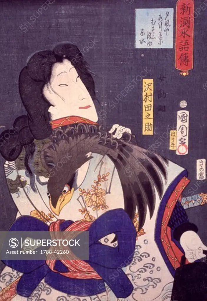 Ukiyo-e with portrait of an actor, 19th century, woodcut from the Kabuki Theatre series. Japanese civilization, Edo period (1603-1868).