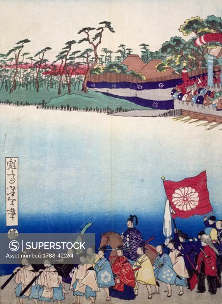 Ukiyo-e with historical scene (sewamono): epic and procession of young noblemen, 19th century, detail of a woodcut from the Kabuki Theatre series. Japanese civilization, Edo period (1603-1868).
