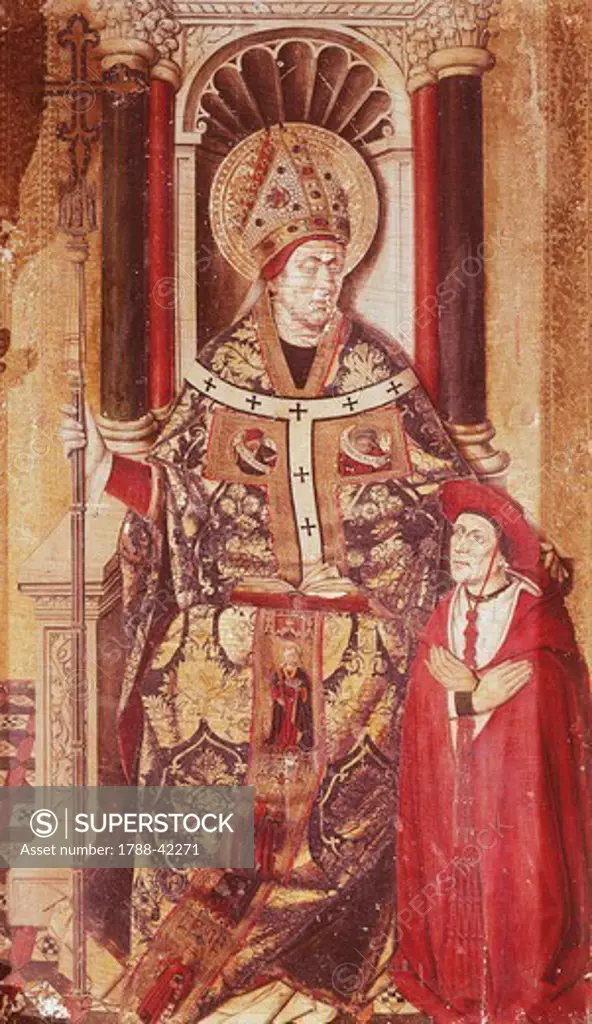 Ildefonso and Cardinal Alfonso Borgia, panel from the Borgia Triptych, 1447-1457, by Jacomart Baco (ca 1413-1461), panel. Jativa Cathedral, Spain.
