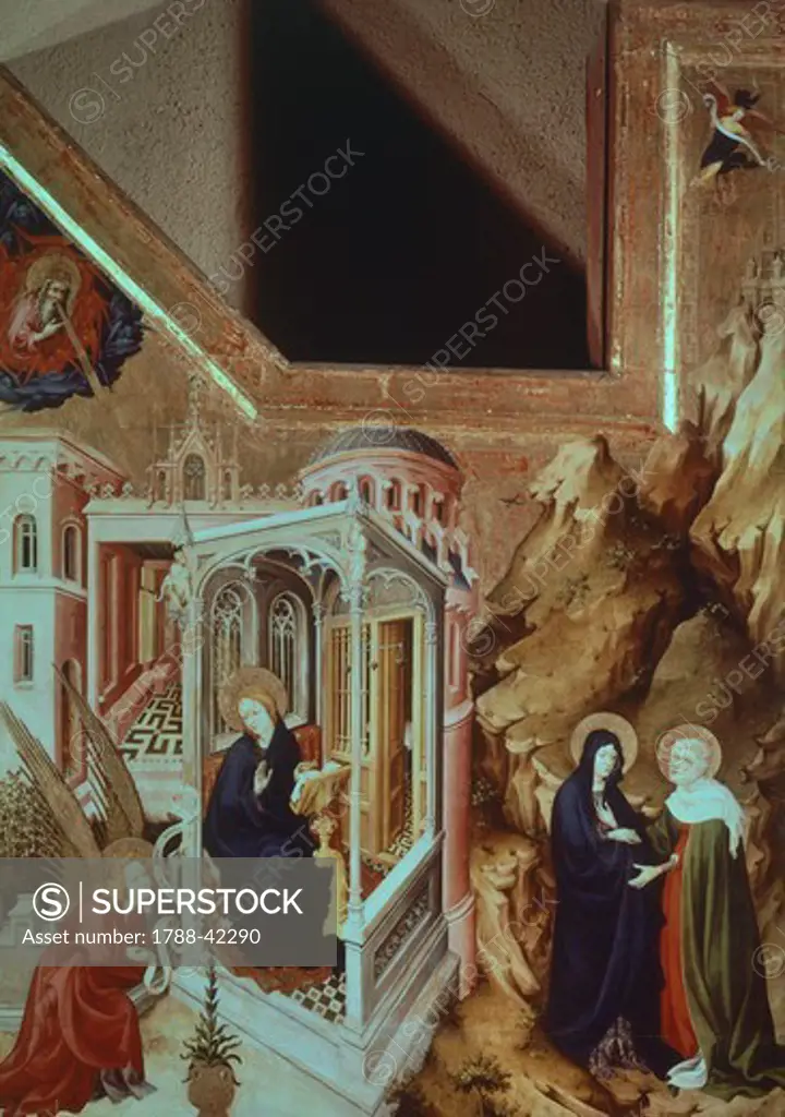 Annunciation and Visitation, left panel of the Champmol Altarpiece, 1393-1399, by Melchior Broederlam (ca 1355-1411), tempera on panel, 167x125 cm.