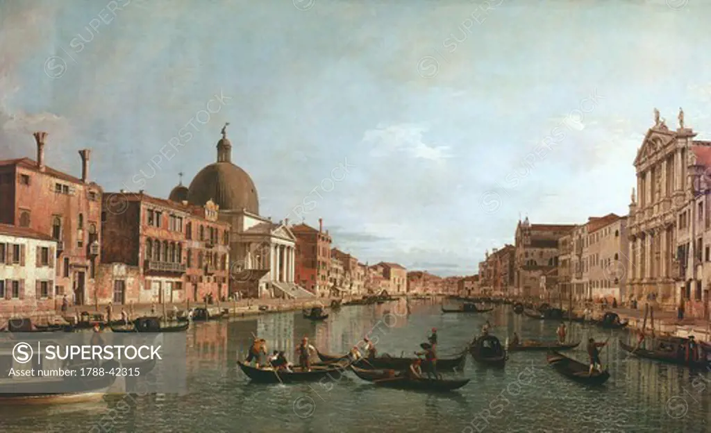 The Grand Canal in Venice with San Simeone Piccolo and the Scalzi church, ca 1738, by Giovanni Antonio Canal, known as Canaletto (1697-1768). Oil on canvas, 124.5x204.6 cm.