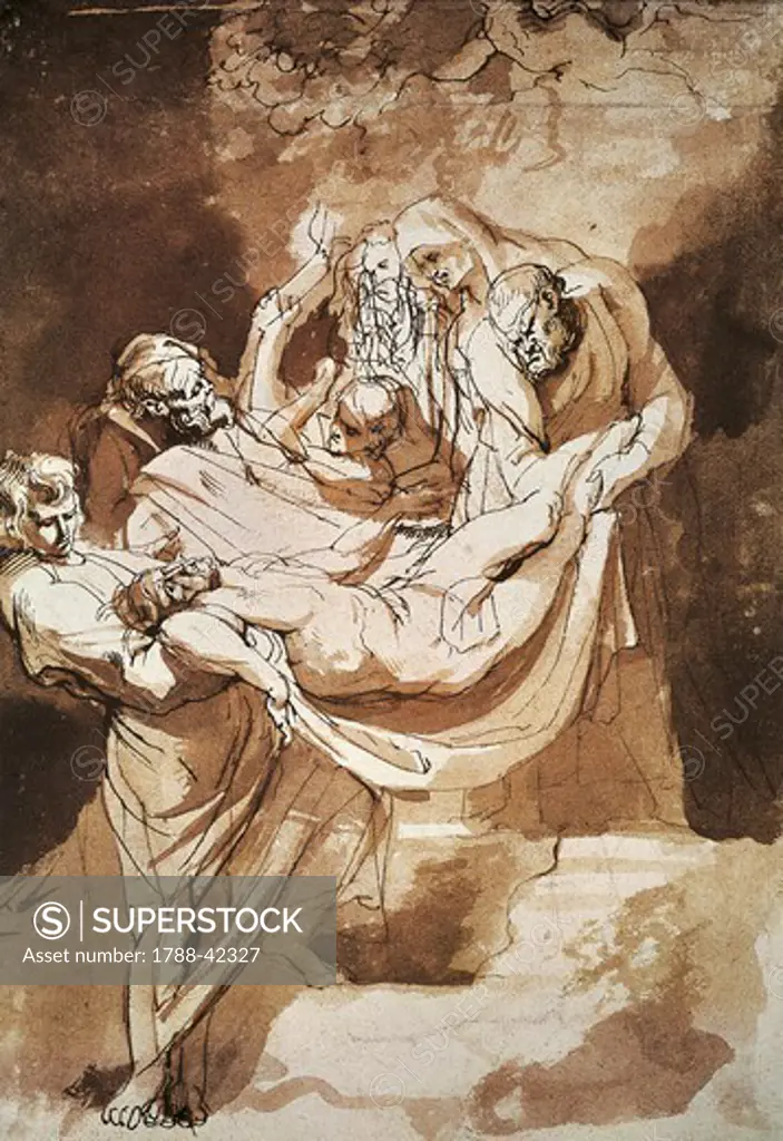 The deposition of Christ in the tomb, 1615, by Peter Paul Rubens (1577-1640), ink, watercolor on paper, 22x15 cm.
