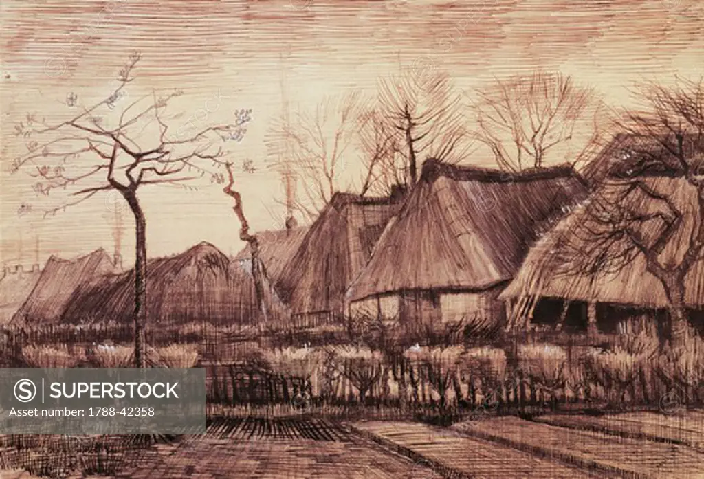 Dutch huts, 1884, by Vincent van Gogh (1853-1890), pen and ink, pencil and gouache on paper, 30.5 x44.8 cm.