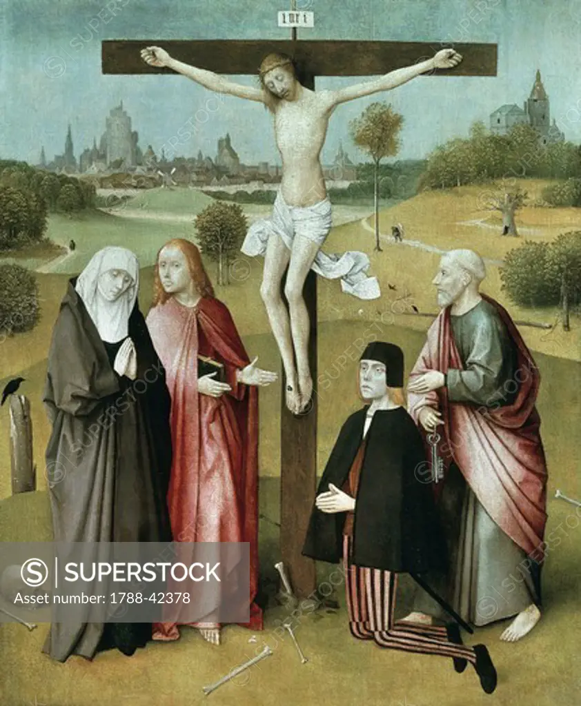 Christ crucified with donors and saints, 1480-1485, by Hieronymus Bosch (ca 1450-1516).