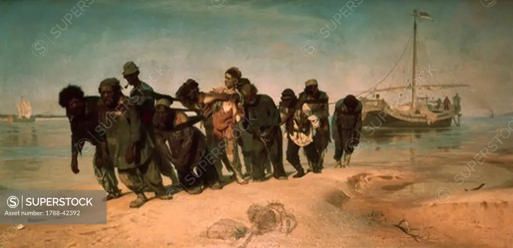 Barge Haulers on the Volga, 1870-1873, by Ilia Repin (1844-1930), oil on canvas, 131x281 cm.