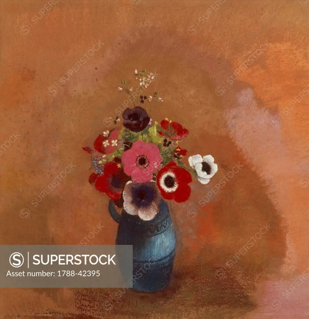 Anemones in a blue vase, by Odilon Redon (1840-1916), pastel on paper.