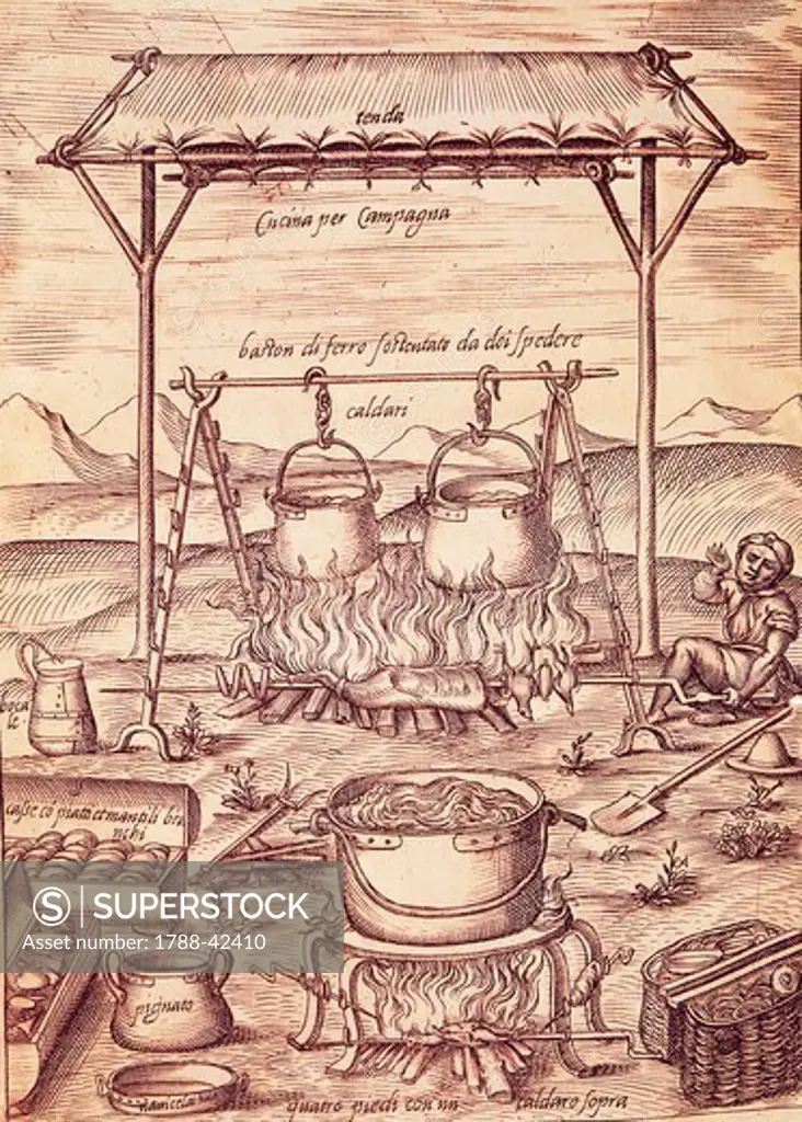 The country kitchen, 1570, by Bartolomeo Scappi (1500-1577), illustration from L'arte et prudenza d'un maestro Cuoco (The Art and Craft of a Master Cook).