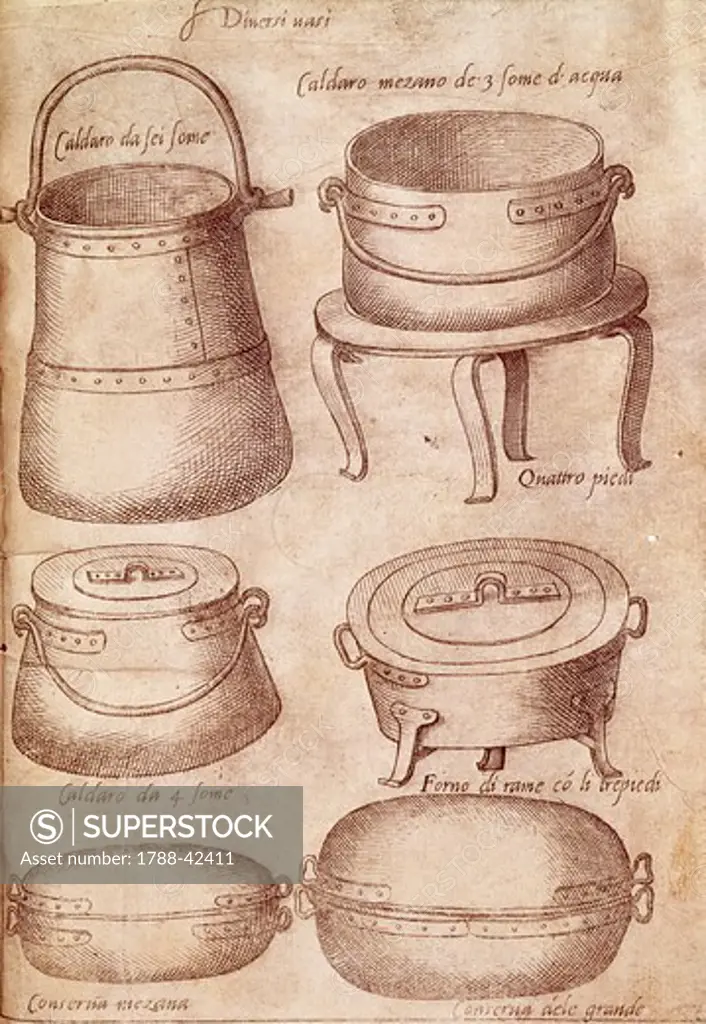 Pots, 1570, by Bartolomeo Scappi (1500-1577), illustration from L'arte et prudenza d'un maestro Cuoco (The Art and Craft of a Master Cook).