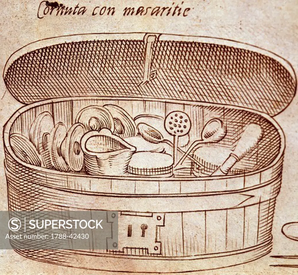 Utensils and kitchen accessories, 1570, by Bartolomeo Scappi (1500-1577), illustration from L'arte et prudenza d'un maestro Cuoco (The Art and Craft of a Master Cook).