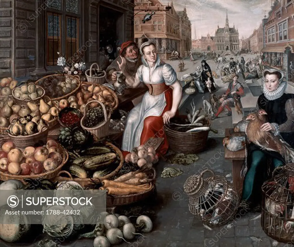 Woman selling fruit and vegetables, ca 1590, by Arnout de Muyser.