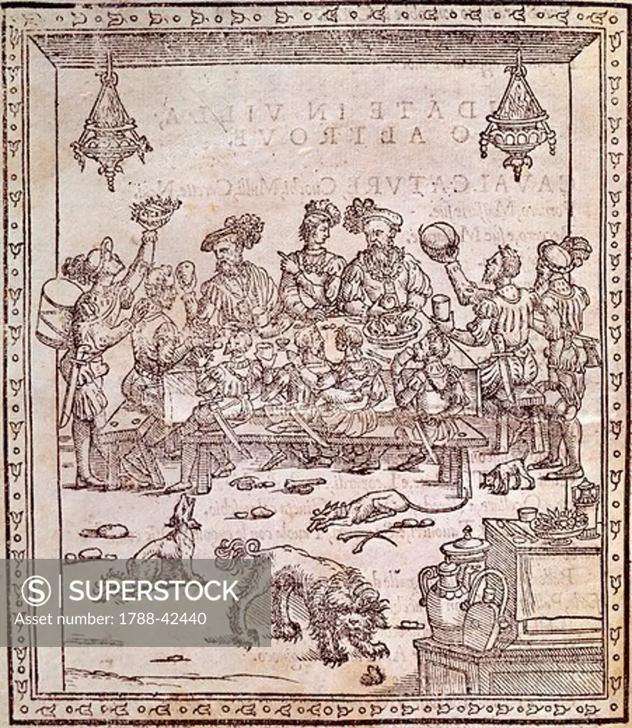 Court banquet in Ferrara, 1549, by Cristoforo de Messisburgo (died 1548), engraving from Banchetti, Composizioni di Vivande et Apparecchio Generale (Banquets, Food and General Compositions).