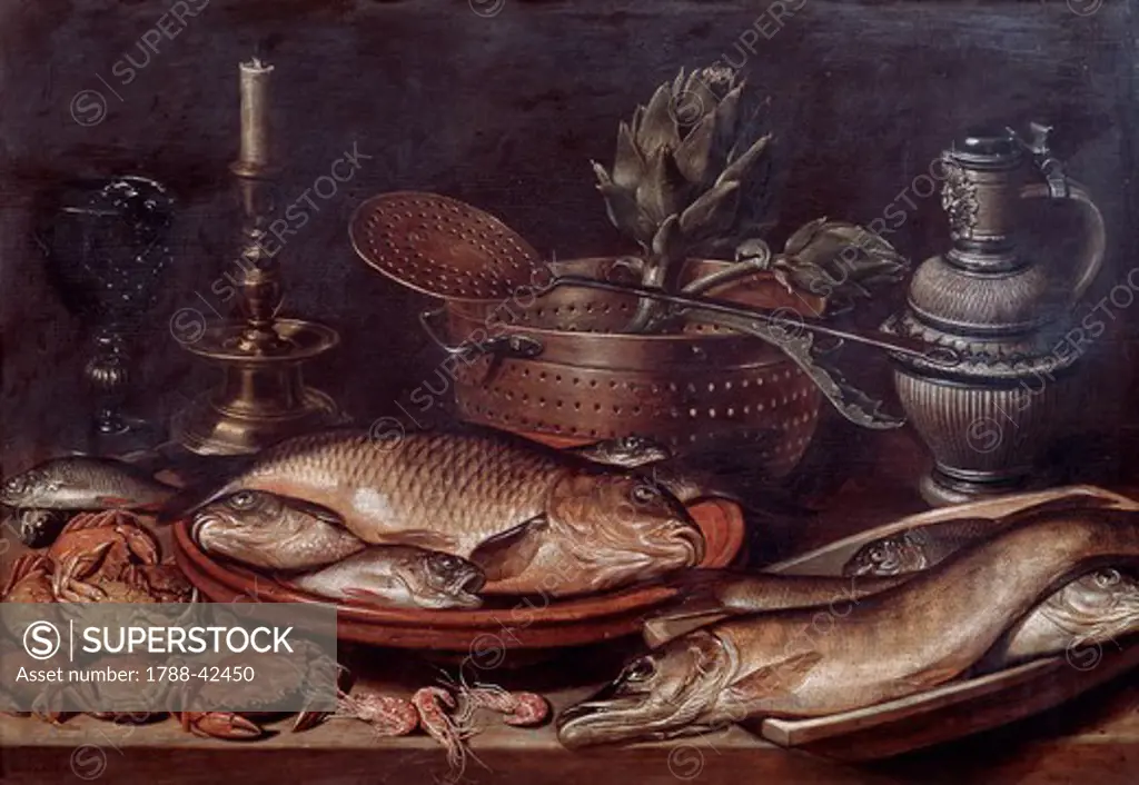 Still life showing fishes and shellfishes, 1611, by Clara Peeters (ca 1594-pre 1657), oil on panel, 50x72 cm.