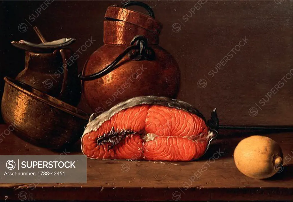 Still life showing salmon, lemon and three vases, 1772, by Luis Melendez (1716-1780), oil on canvas, 42x62 cm.