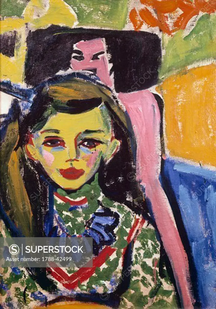 Portrait of Franzi in front of a carved chair, by Ernst Ludwig Kirchner (1880-1938).