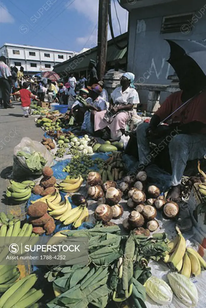 Group of people in a fruit and vegetable market, St. Kitts And Nevis, Lesser Antilles