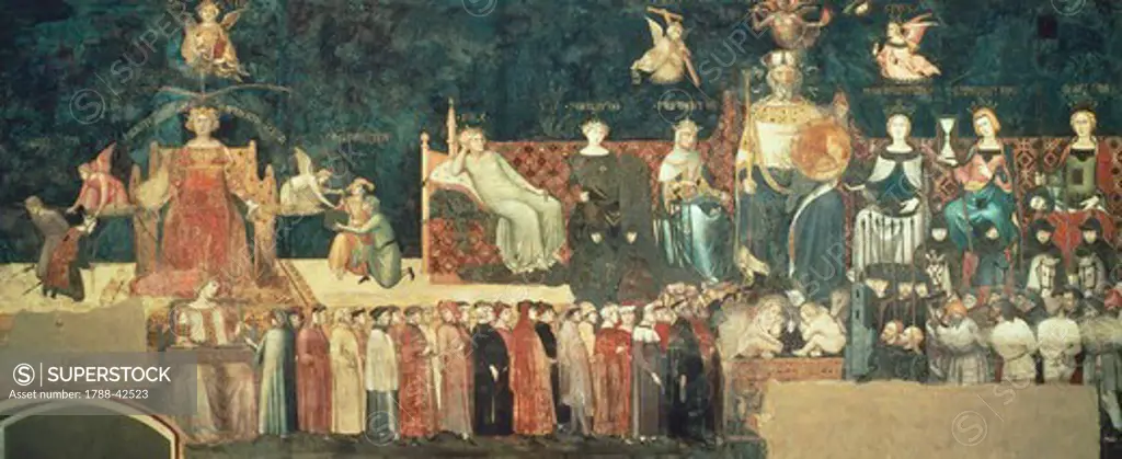 Allegory of Good Government, detail from Allegory and effects of good and bad government in town and country, 1337-1343, by Ambrogio Lorenzetti (active 1285-1348), fresco. Hall of Peace, Palazzo Publico, Siena.
