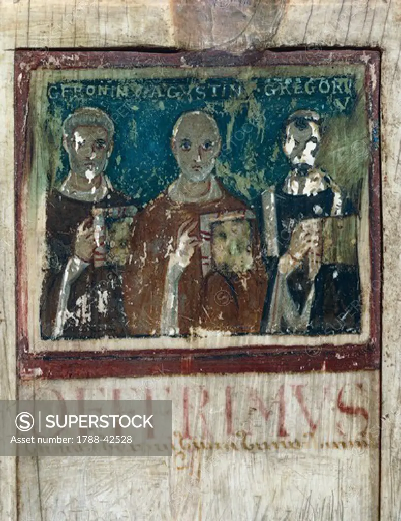 St Jerome, St Augustine and St Gregory the Great, right section of the consular diptych of Manlius Boetius, liturgical miniature, ca 7th century, by an unknown artist, painted on ivory.