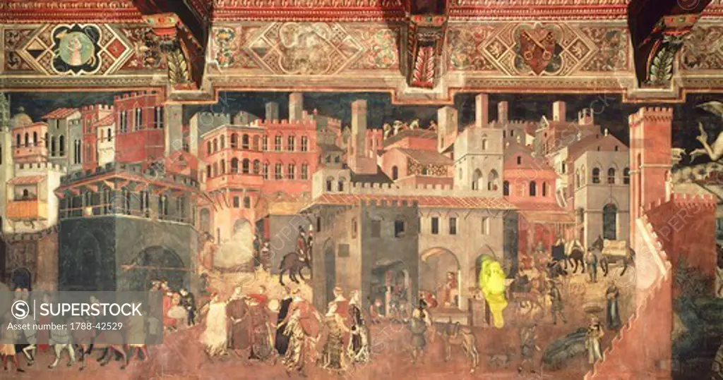 Effects of good government in city, detail from the Allegory and effects of good and bad government in town and country, 1337-1343, by Ambrogio Lorenzetti (active 1285-1348), fresco. Hall of Peace, Palazzo Publico, Siena.