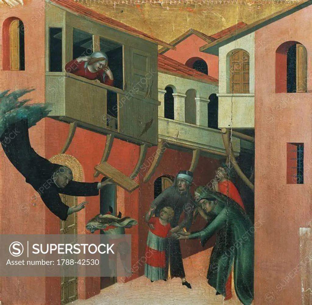The miracle of the baby who fell from the balcony, detail from the altarpiece entitled Blessed Agostino Novello and stories of his life, ca 1330, by Simone Martini (1283-1344), oil on canvas, 200x256 cm.