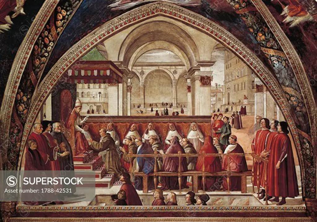 Stories of St Francis of Assisi, 1483-1486, by Domenico Ghirlandaio (1449-1494), fresco. Detail. Sassetti Chapel, Church of Santa Trinita, Florence.