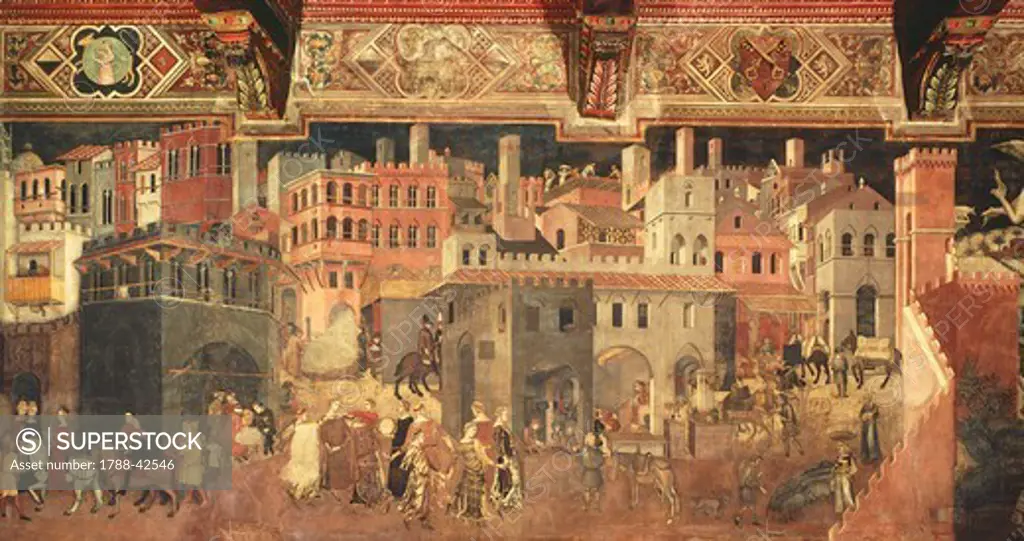 The effects of good government in cities, detail from the Allegory and effects of good and bad government in town and country, 1337-1343, by Ambrogio Lorenzetti (active 1285-1348), fresco. Hall of Peace, Palazzo Publico, Siena.