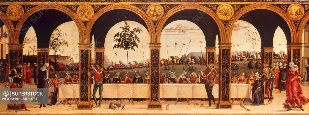Stories of Griselda, the banquet, ca 1494, by the Master of the Griselda Legend (active ca 1490-1500), oil and tempera on panel, 62x154 cm.