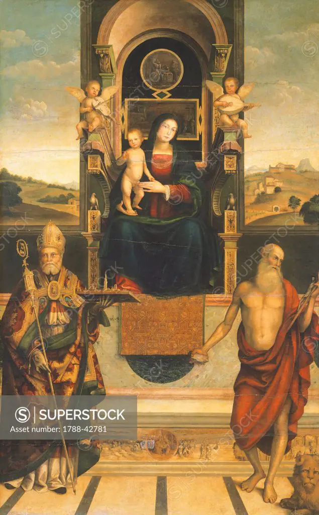 Madonna Enthroned with Saints Jerome and Geminiano, 1509, by Pellegrino Munari, known as Aretusi (1464-1529).