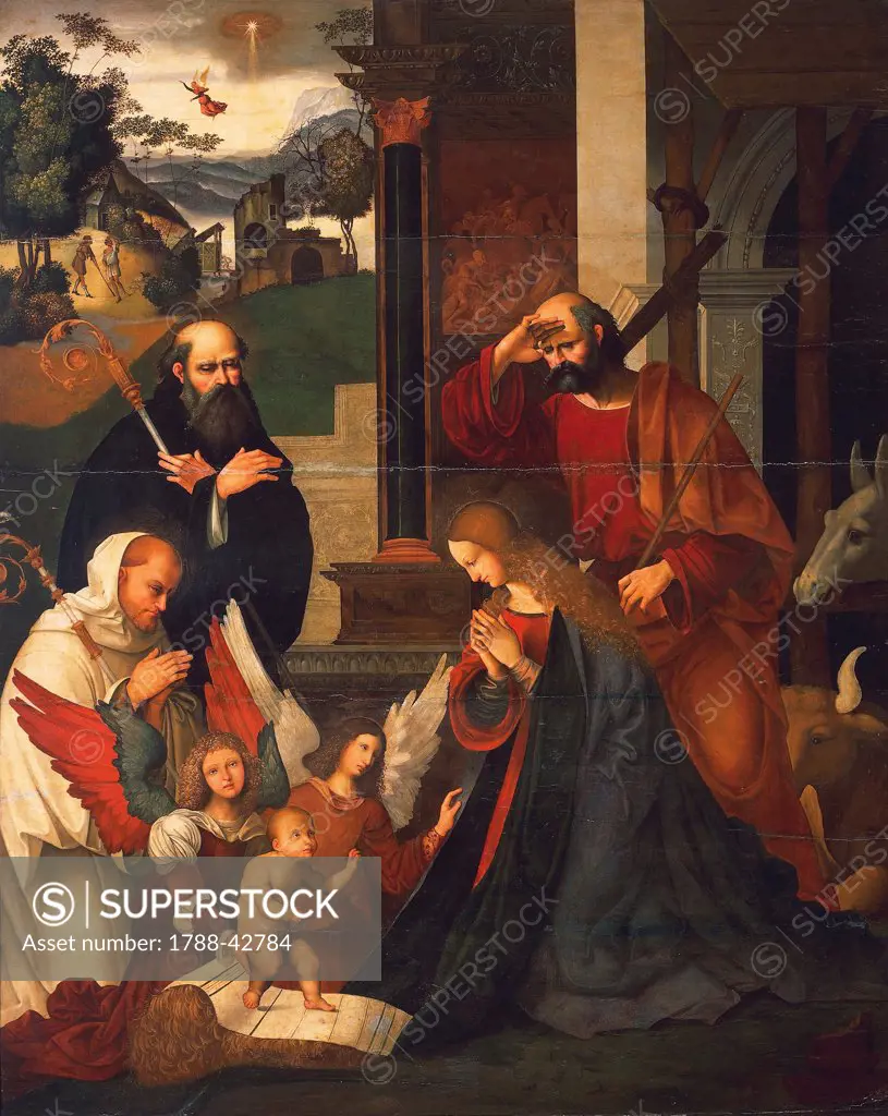 Nativity with St Bernard and St Alberico, ca 1505-1510, by Ludovico Mazzolino (ca 1480-ca 1530), oil on canvas, 219x176 cm.