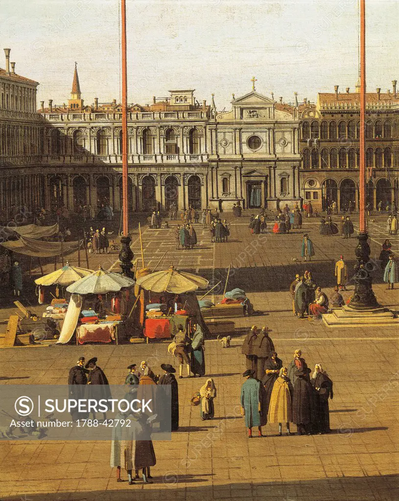 Piazza San Marco (Saint Mark's Square) from the Basilica towards the church of San Geminiano and the Procuratie Nuove (buildings of the Procurators) , Venice, ca 1735, by Giovanni Antonio Canal, known as Canaletto (1697-1768). Oil on canvas, 68.5x93.5 cm. Detail.