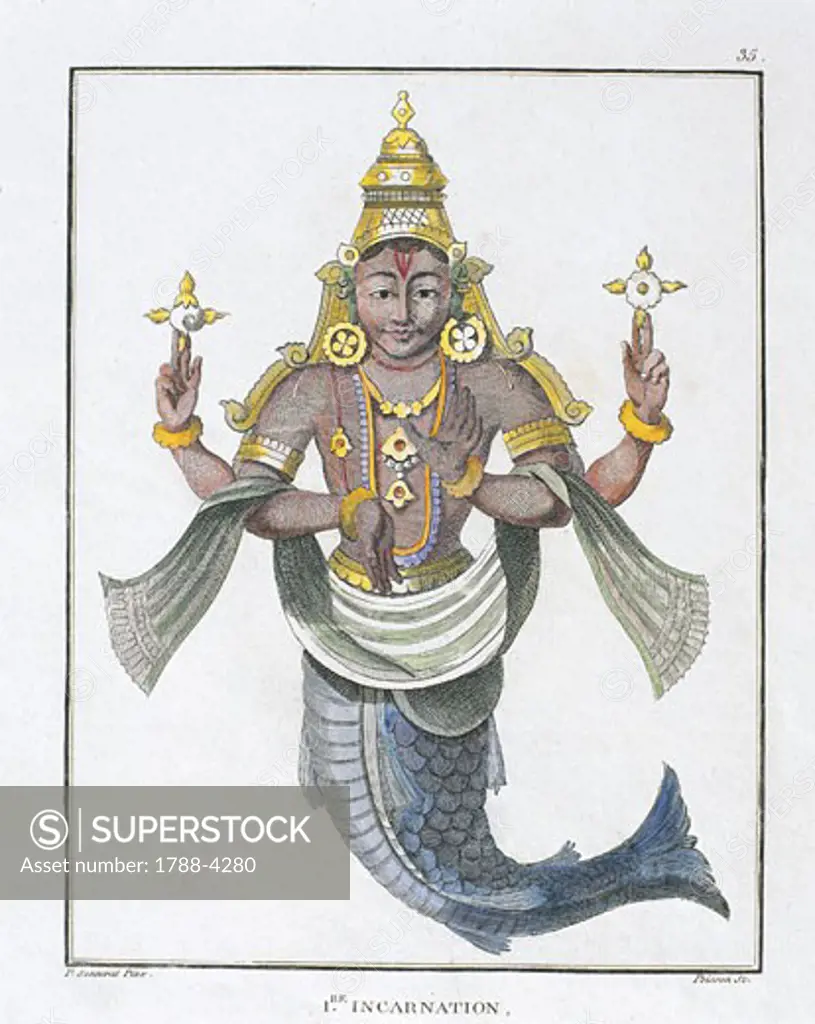India - 18th century - Vishnu's first incarnation as a fish. Engraving based on a drawing by Pierre Sonnerat (1748- 1814)