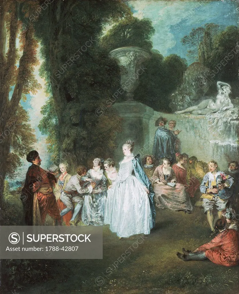 The country dance or The country fair, 1717-1719, by Jean-Antoine Watteau (1684-1721), oil on canvas, 55.9 x 45.7 cm.