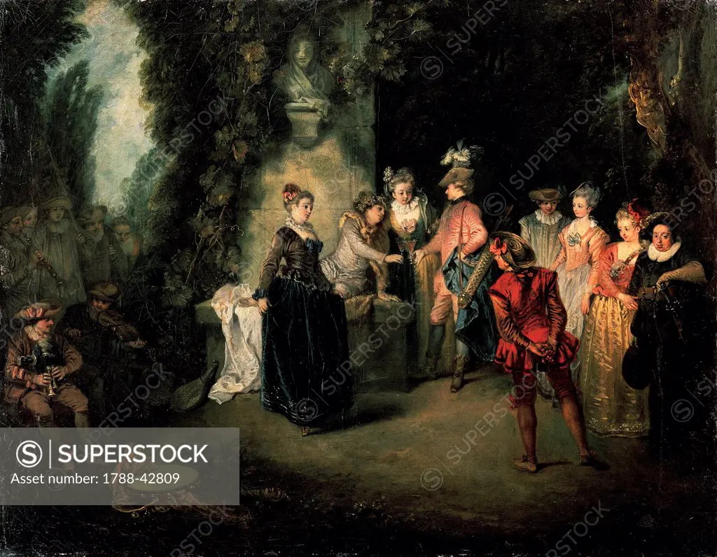 Love in the French Theatre, 1716, by Jean-Antoine Watteau (1684-1721), oil on canvas, 37x48 cm.