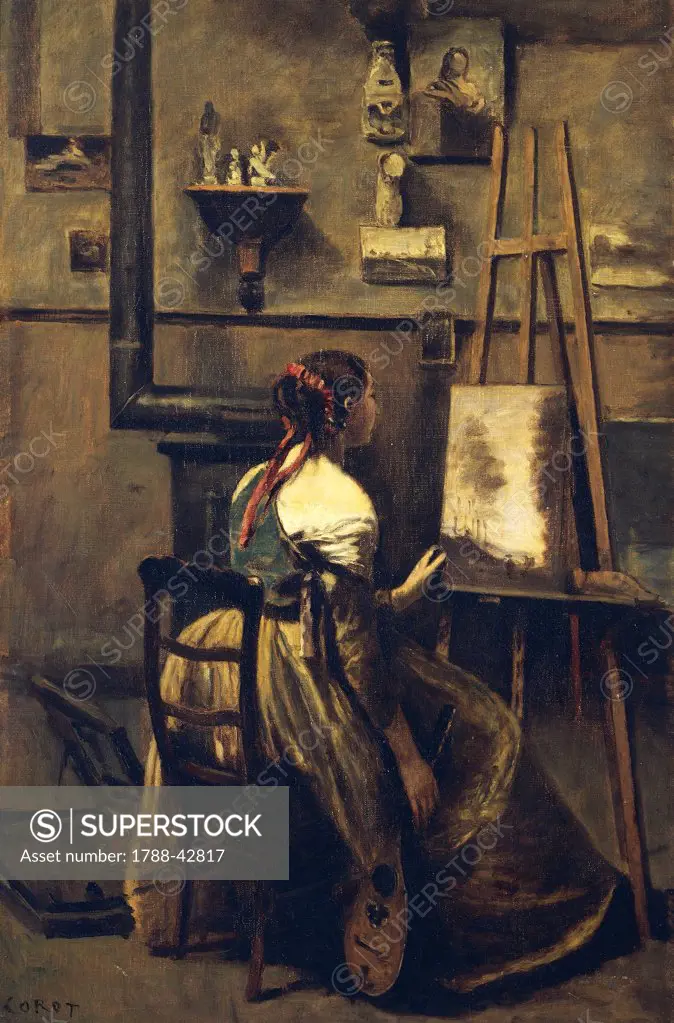 Corot's studio: young woman sitting in front of an easel, 1865-1868, by Jean-Baptiste Camille Corot (1796-1875), oil on canvas, 63x42 cm.