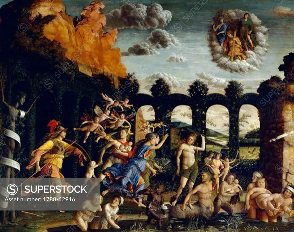 Triumph of Virtue or Pallas Expelling the Vices from the Garden of Virtue, 1502, by Andrea Mantegna (1431-1506), tempera on canvas, 160x192 cm.