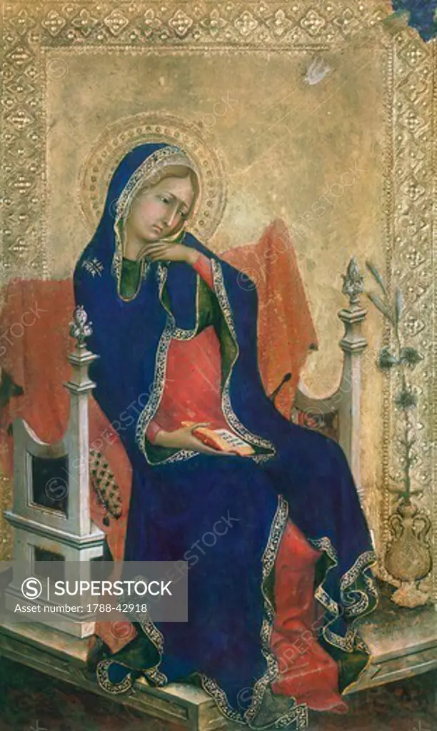 The Annunciated Virgin, panel from the Altarpiece of the Passion or Orsini polyptych by Simone Martini (1284-1344), tempera and gold on wood panel, 29x21 cm.