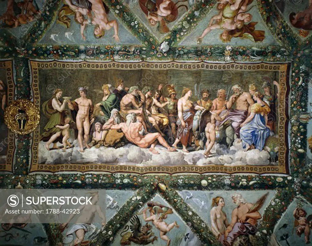 The council of the gods, detail from the Loggia of Cupid and Psyche, 1518, from the school of Raphael (1483-1520) from a master's drawing, fresco. Villa Farnesina, Rome.