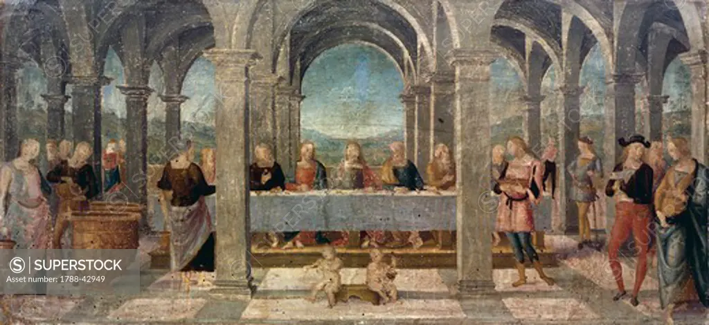 Marriage at Cana, detail of the predella of the St Augustine Altarpiece, 1502-1523, by Pietro Perugino (ca 1450-1523), oil on panel.