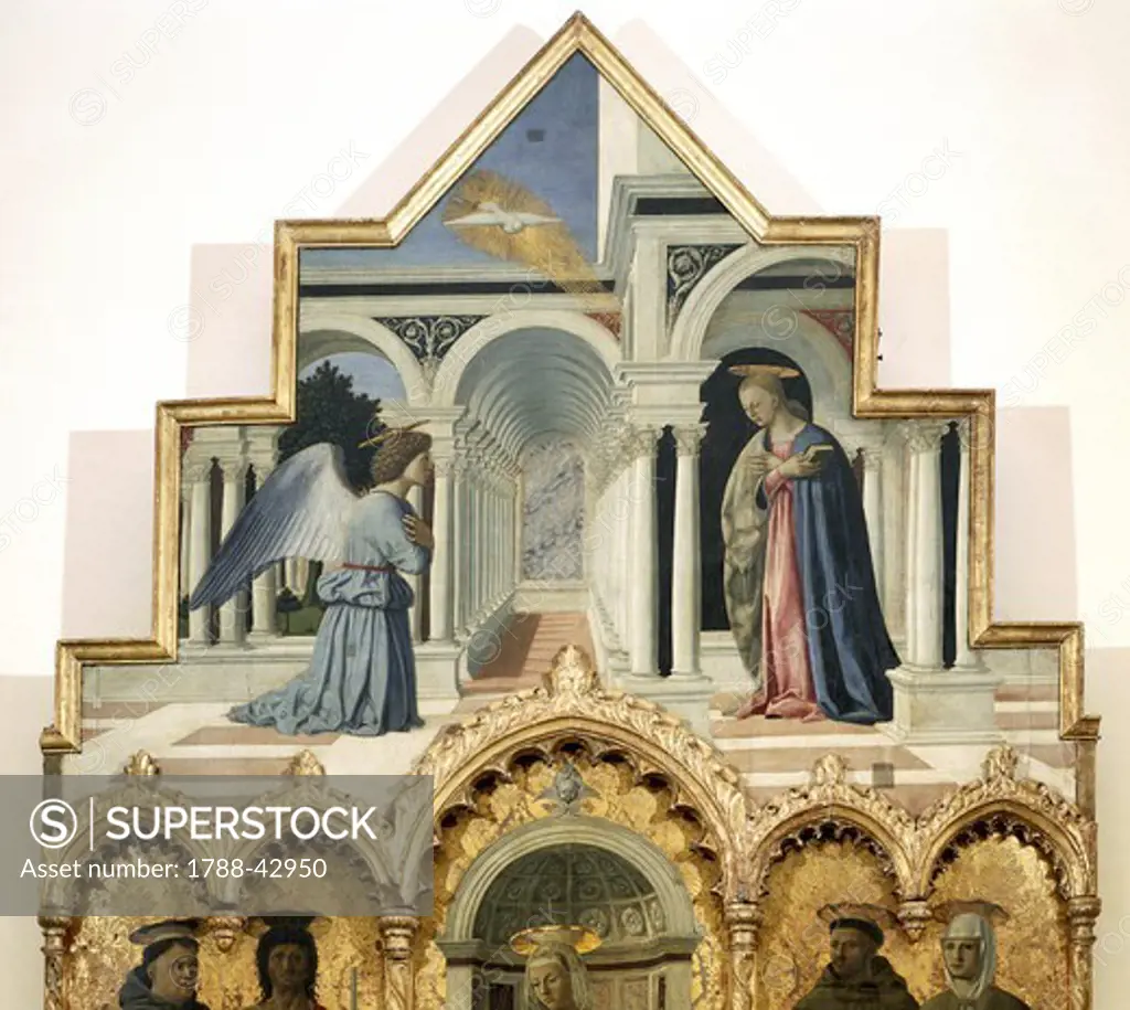 Detail of the upper part of the Annunciation, by Piero della Francesca (1412-1492).
