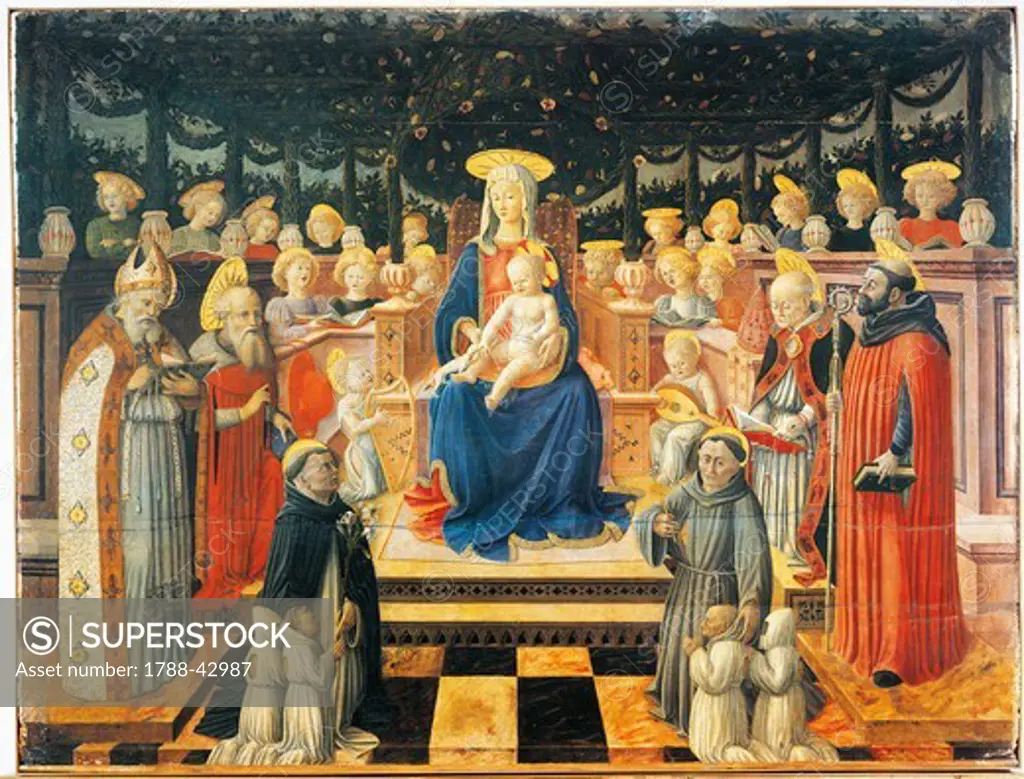 Madonna with enthroned Child, angels, Saints and donors, by Giovanni Boccati (active 1420-1480).