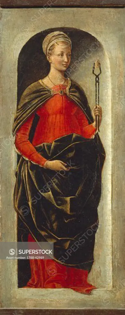 St Apollonia, ca 1473, by Ercole de' Roberti (1455-ca 1496), oil on panel, 26.5x11 cm.