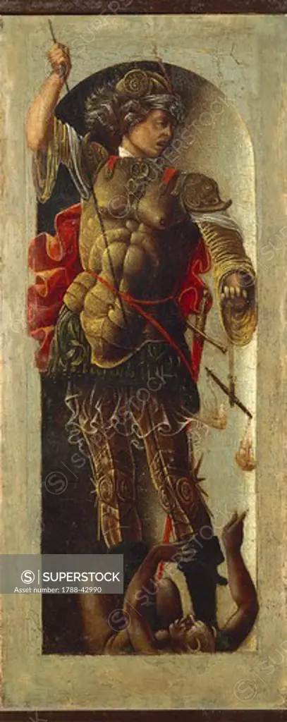 St Michael the Archangel, 1472-1473, by Ercole de' Roberti (ca 1455-1496), panel 26.5 x11 cm.