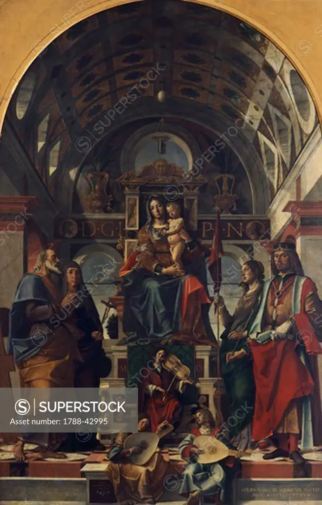 Madonna and Child Enthroned with Angels and Saints, 1498, by Bartolomeo Montagna (1450-1523), oil on canvas, 410x260 cm.